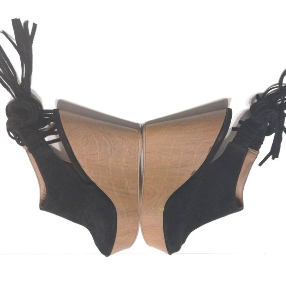 Qupid Platform Wedge Fringed Heel Sandal Black Suede Leather Elastic Back - Picture 7 of 12